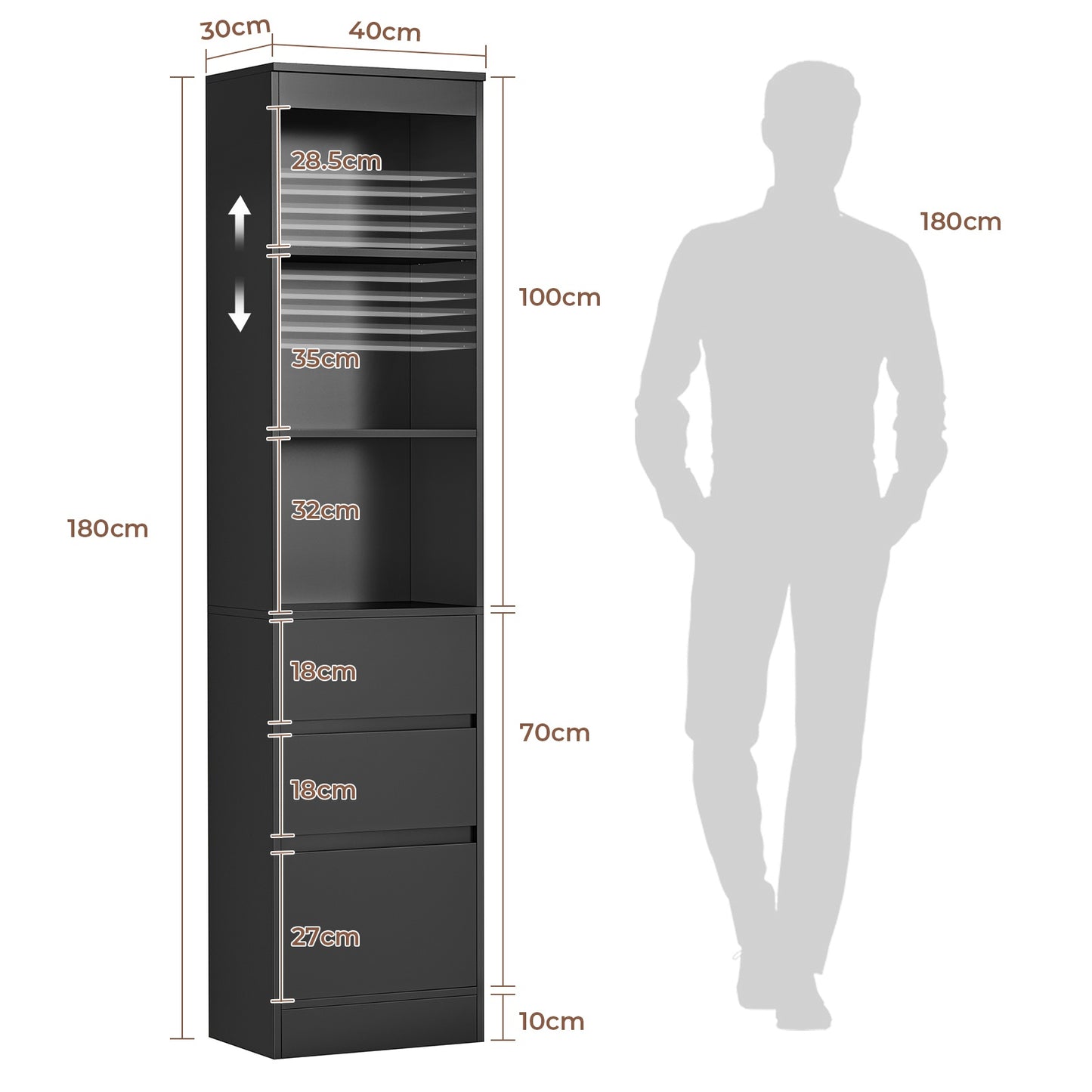 AOGLLATI Bücherregal Bücherschrank mit 3 Schubladen und 3 Fächern Büroregal mit verstellbaren Ablagen 180 cm Hochschrank
