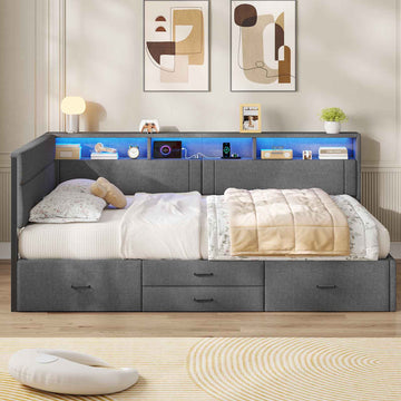 AOGLLATI Polsterbett Schlafsofa 140x200 Doppelbett mit LED-Beleuchtung & Ladestation Betten 140x200 mit 4 Schubladen und Lattenrost aus Metall