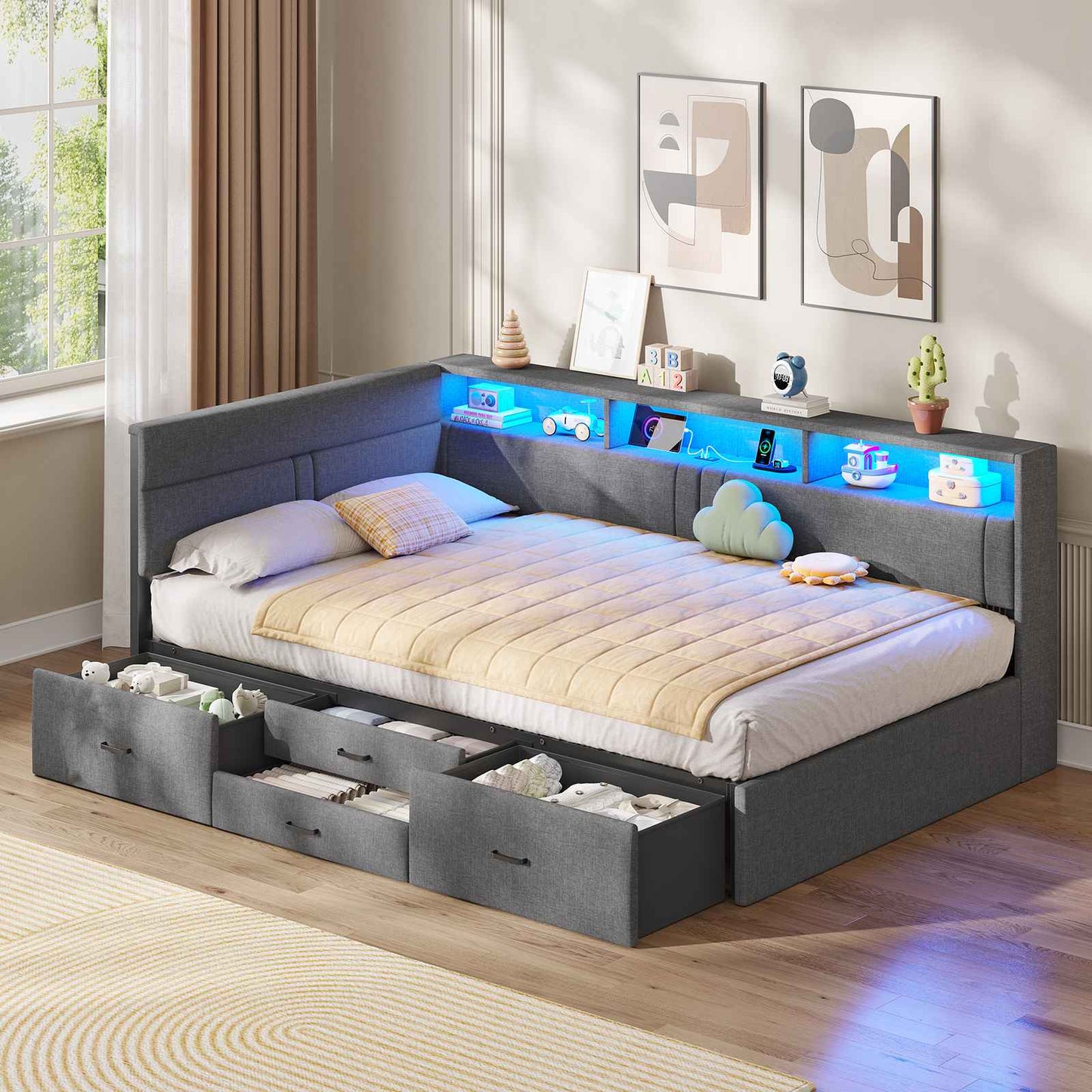 AOGLLATI Polsterbett Schlafsofa 90x200 Doppelbett mit LED-Beleuchtung & Ladestation Betten mit 4 Schubladen und Lattenrost aus Metall