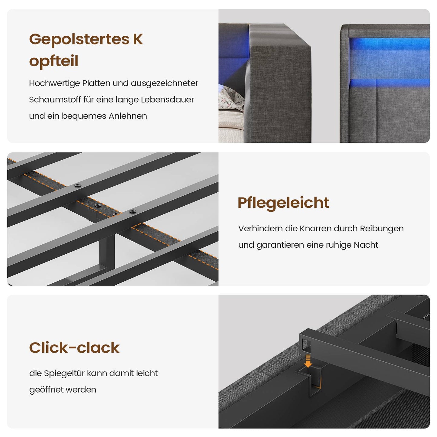 AOGLLATI Polsterbett Schlafsofa 140x200 Doppelbett mit LED-Beleuchtung & Ladestation Betten 140x200 mit 4 Schubladen und Lattenrost aus Metall