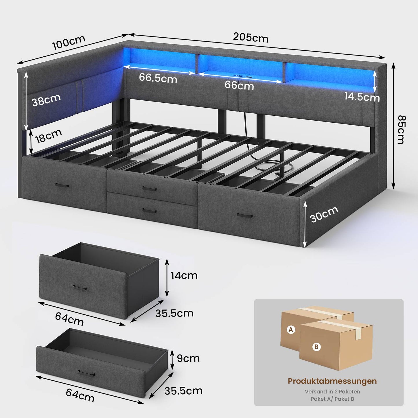 AOGLLATI Polsterbett Schlafsofa 90x200 Doppelbett mit LED-Beleuchtung & Ladestation Betten mit 4 Schubladen und Lattenrost aus Metall