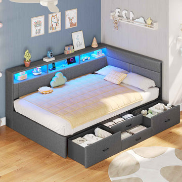 AOGLLATI Polsterbett Schlafsofa 90x200 Doppelbett mit LED-Beleuchtung & Ladestation Betten mit 4 Schubladen und Lattenrost aus Metall