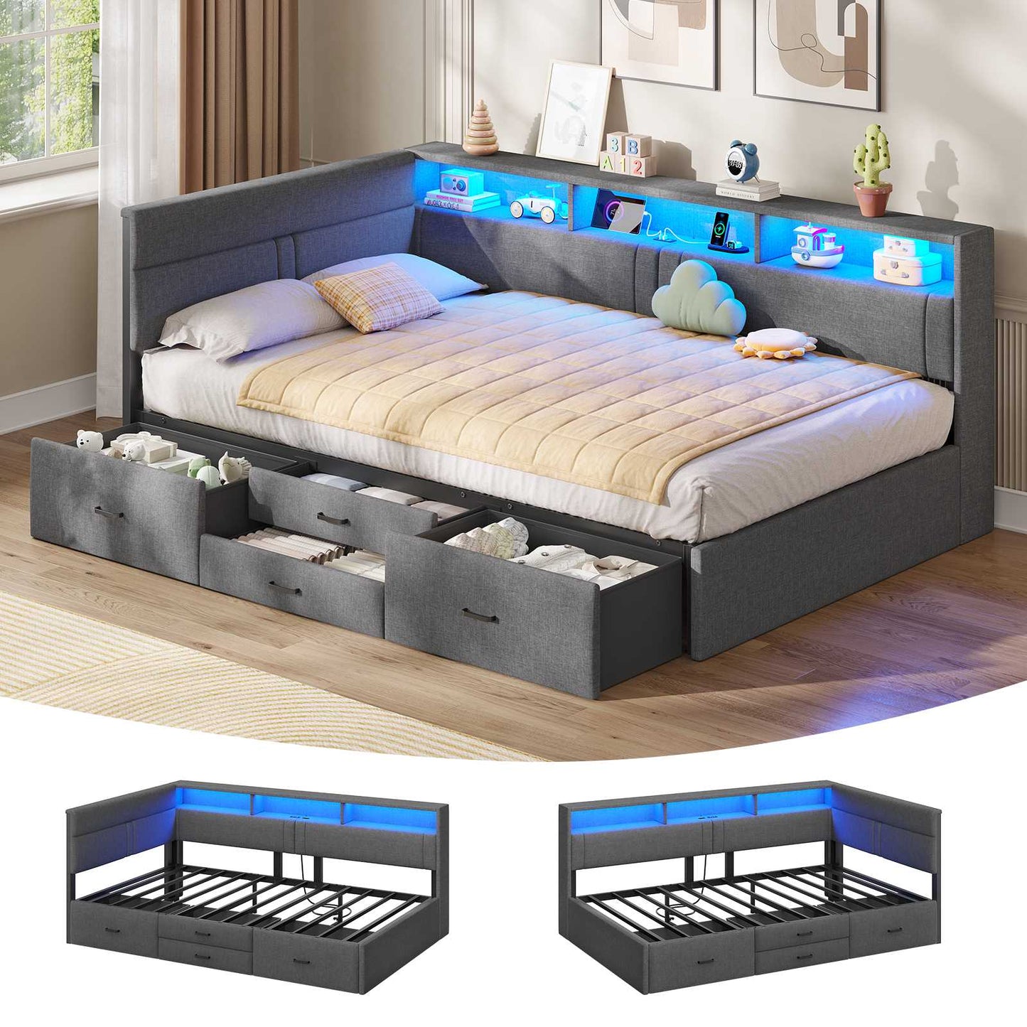 AOGLLATI Polsterbett Schlafsofa 90x200 Doppelbett mit LED-Beleuchtung & Ladestation Betten mit 4 Schubladen und Lattenrost aus Metall