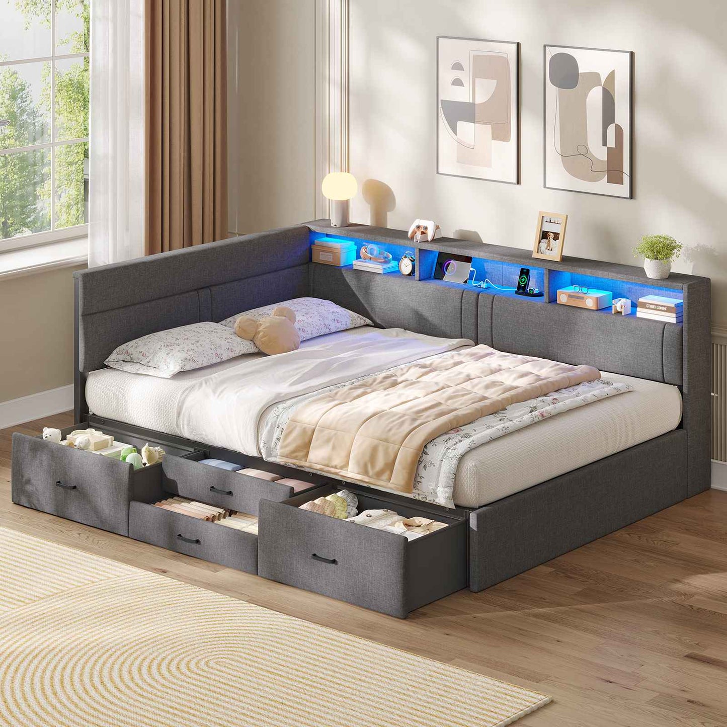 AOGLLATI Polsterbett Schlafsofa 140x200 Doppelbett mit LED-Beleuchtung & Ladestation Betten 140x200 mit 4 Schubladen und Lattenrost aus Metall