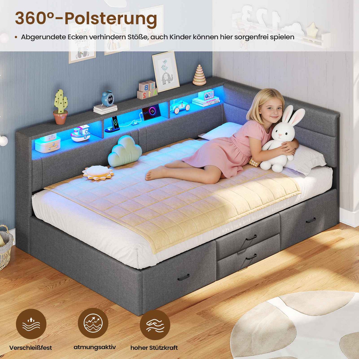 AOGLLATI Polsterbett Schlafsofa 90x200 Doppelbett mit LED-Beleuchtung & Ladestation Betten mit 4 Schubladen und Lattenrost aus Metall