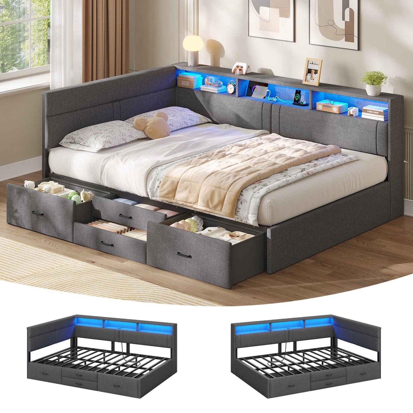 AOGLLATI Polsterbett Schlafsofa 140x200 Doppelbett mit LED-Beleuchtung & Ladestation Betten 140x200 mit 4 Schubladen und Lattenrost aus Metall