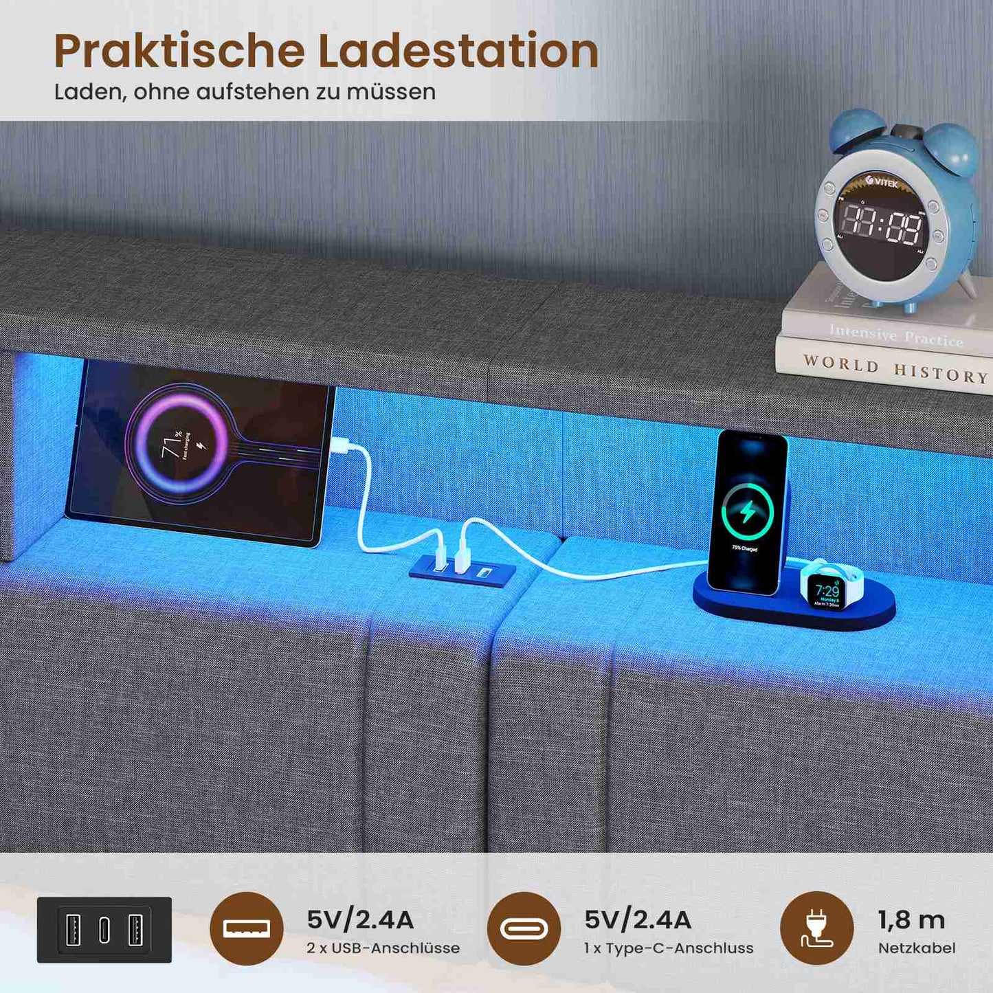 AOGLLATI Polsterbett Schlafsofa 90x200 Doppelbett mit LED-Beleuchtung & Ladestation Betten mit 4 Schubladen und Lattenrost aus Metall