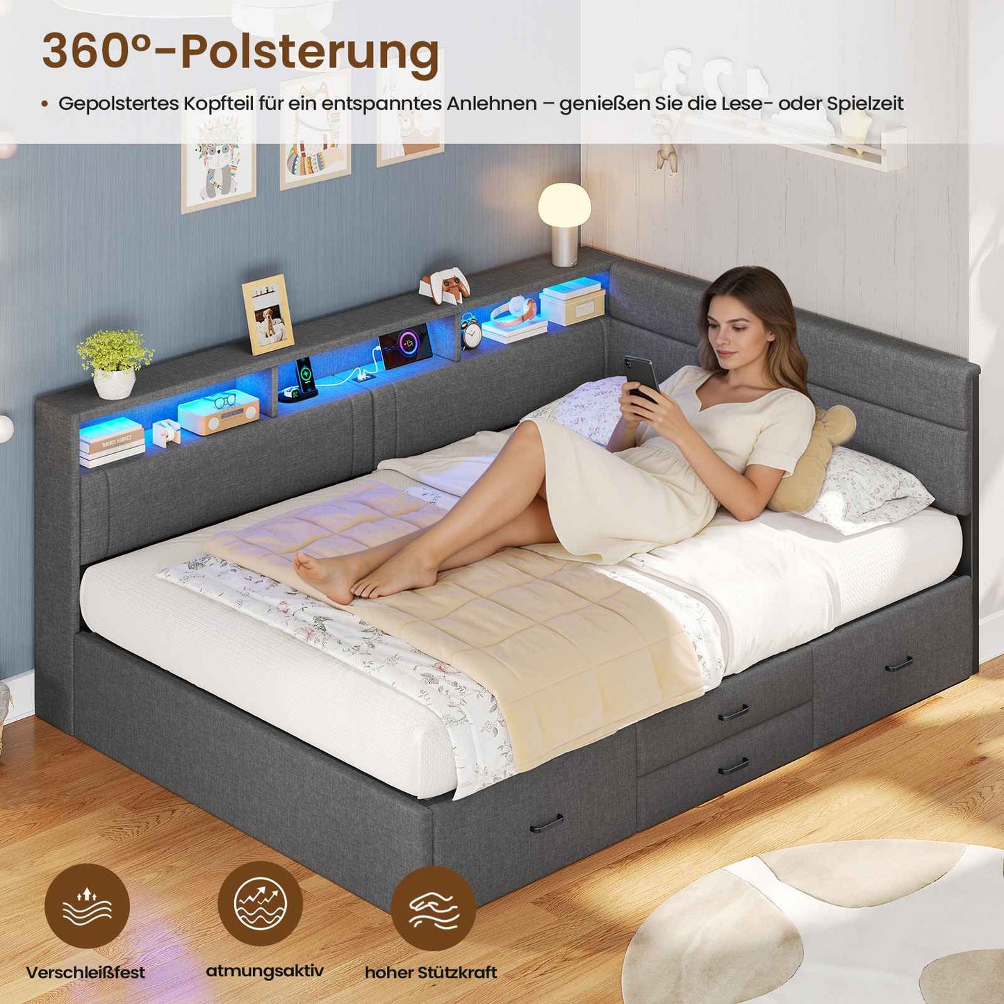 AOGLLATI Polsterbett Schlafsofa 140x200 Doppelbett mit LED-Beleuchtung & Ladestation Betten 140x200 mit 4 Schubladen und Lattenrost aus Metall
