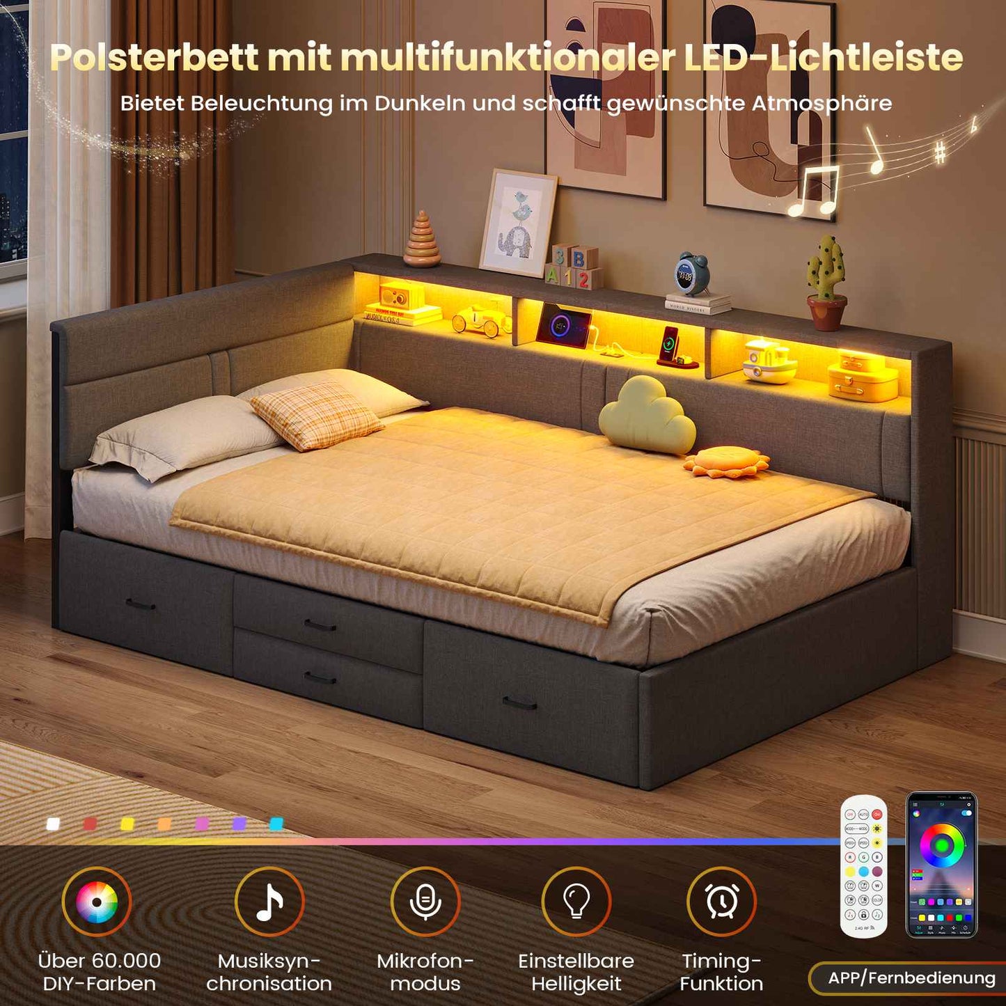 AOGLLATI Polsterbett Schlafsofa 90x200 Doppelbett mit LED-Beleuchtung & Ladestation Betten mit 4 Schubladen und Lattenrost aus Metall
