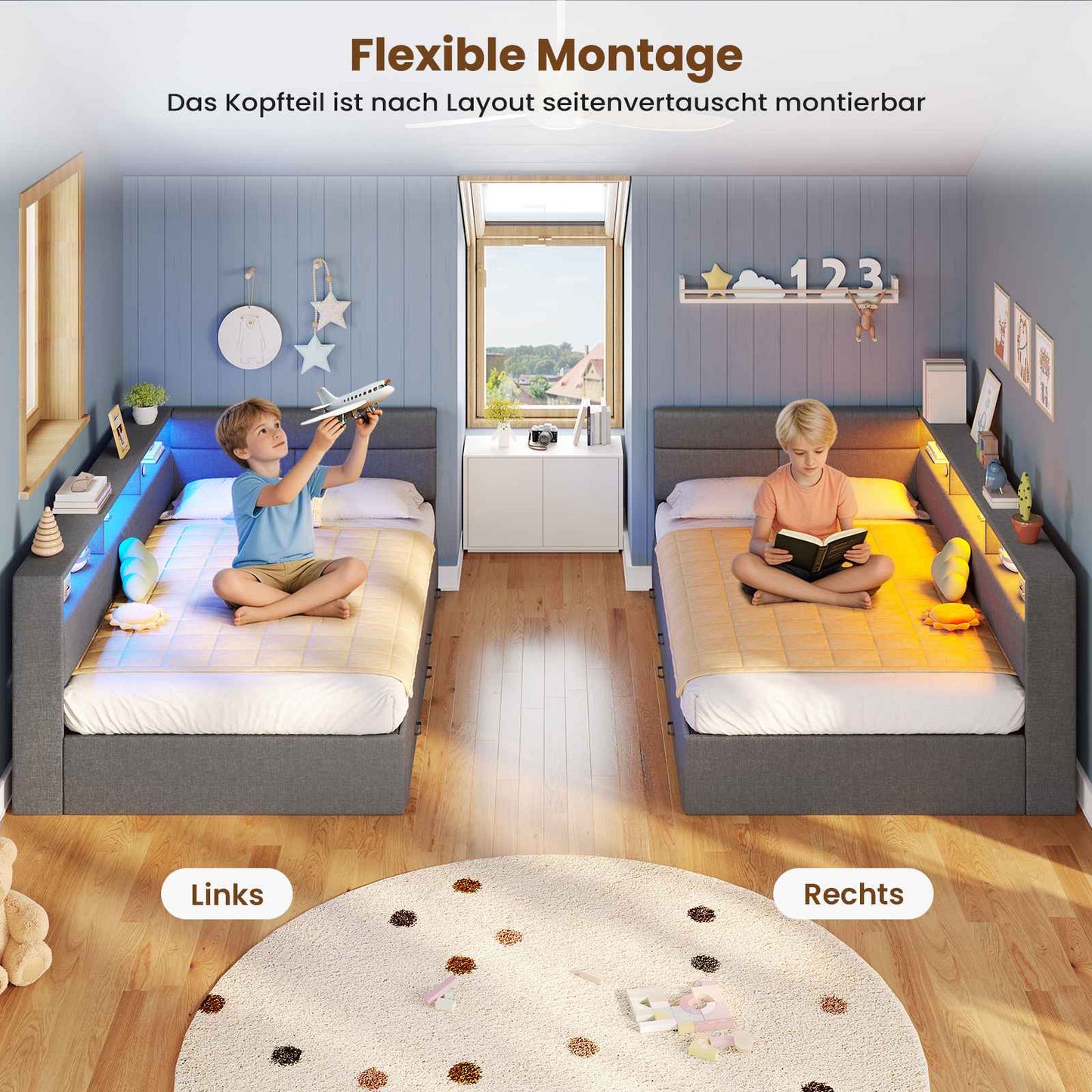 AOGLLATI Polsterbett Schlafsofa 90x200 Doppelbett mit LED-Beleuchtung & Ladestation Betten mit 4 Schubladen und Lattenrost aus Metall