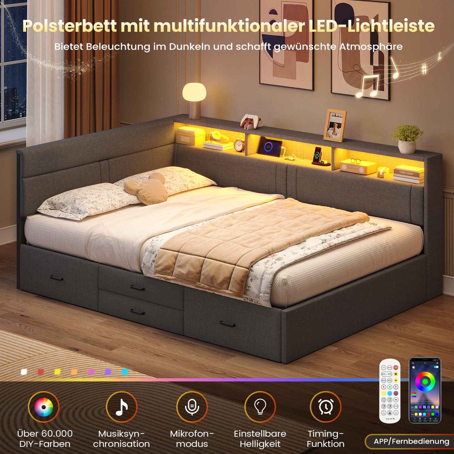AOGLLATI Polsterbett Schlafsofa 140x200 Doppelbett mit LED-Beleuchtung & Ladestation Betten 140x200 mit 4 Schubladen und Lattenrost aus Metall
