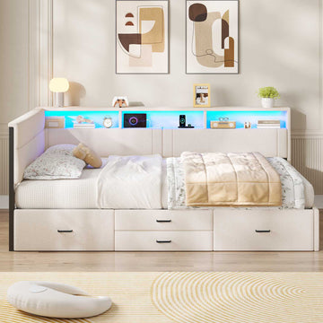 AOGLLATI Polsterbett Schlafsofa 140x200 Doppelbett mit LED-Beleuchtung & Ladestation Betten 140x200 mit 4 Schubladen und Lattenrost aus Metall