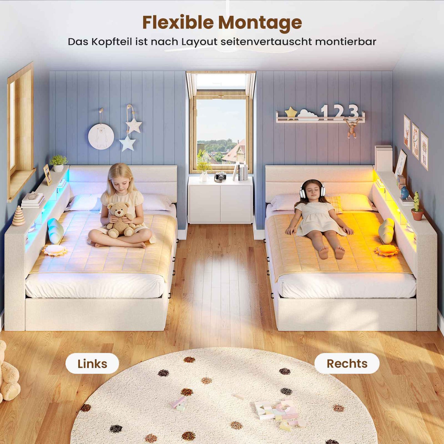 AOGLLATI Polsterbett Schlafsofa 90x200 Doppelbett mit LED-Beleuchtung & Ladestation Betten mit 4 Schubladen und Lattenrost aus Metall