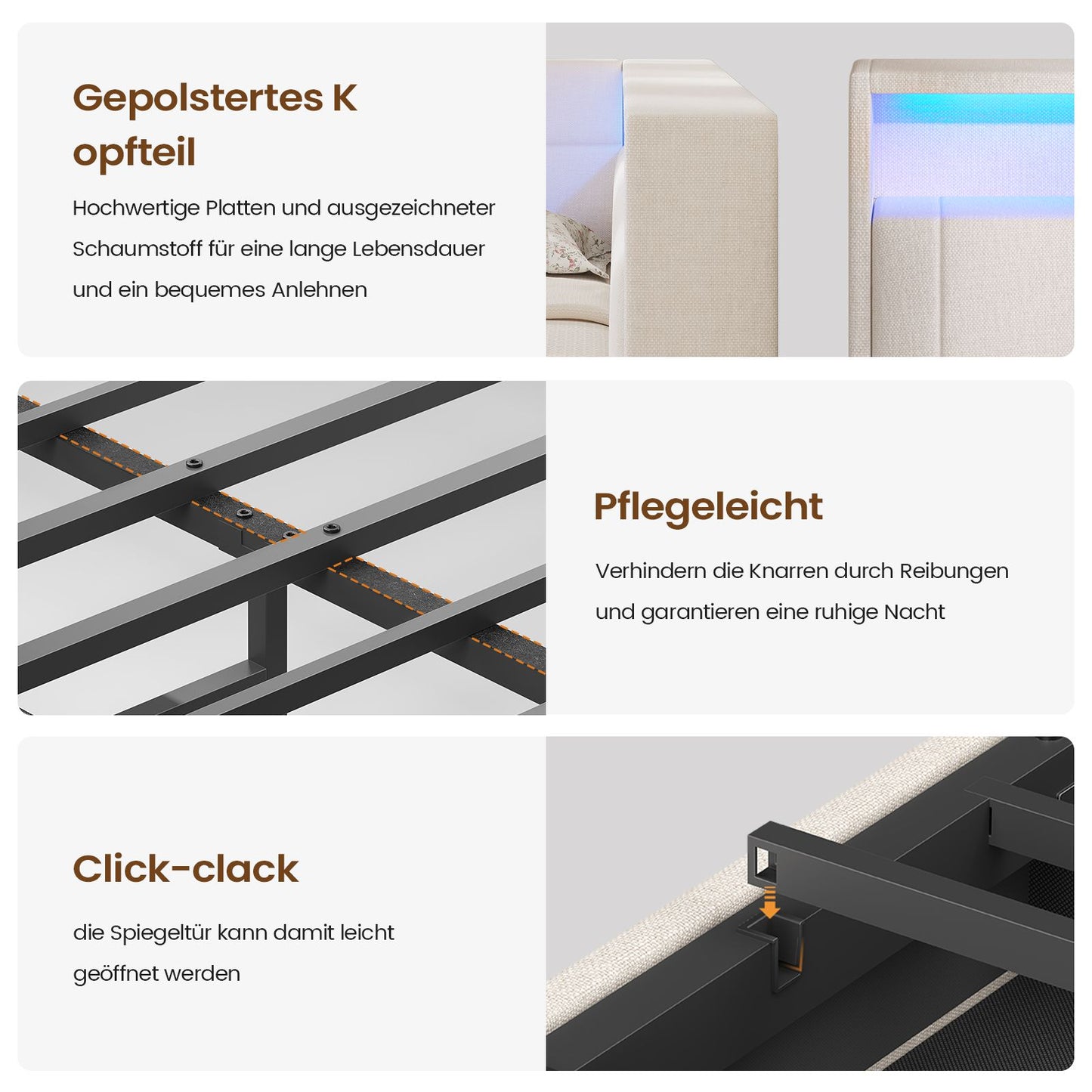 AOGLLATI Polsterbett Schlafsofa 140x200 Doppelbett mit LED-Beleuchtung & Ladestation Betten 140x200 mit 4 Schubladen und Lattenrost aus Metall
