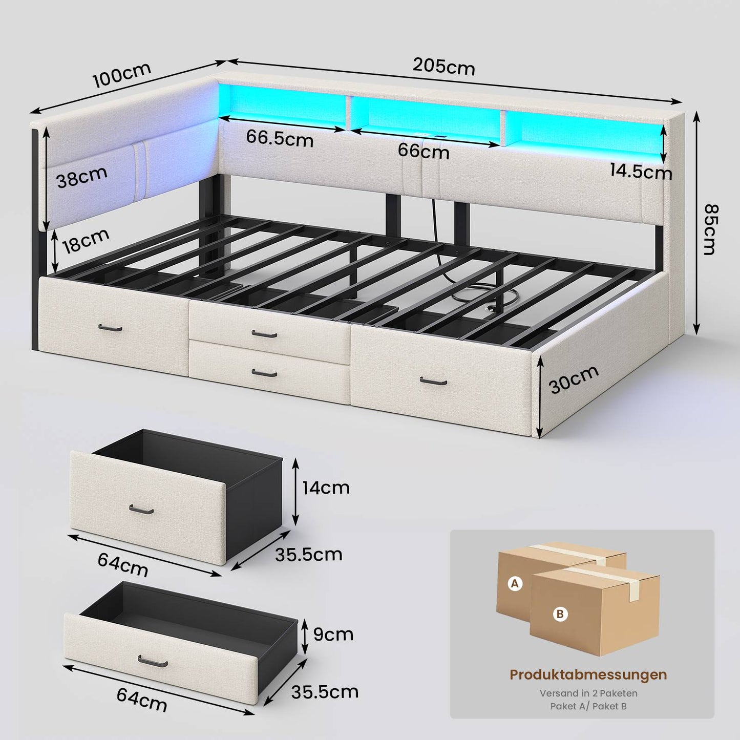 AOGLLATI Polsterbett Schlafsofa 90x200 Doppelbett mit LED-Beleuchtung & Ladestation Betten mit 4 Schubladen und Lattenrost aus Metall