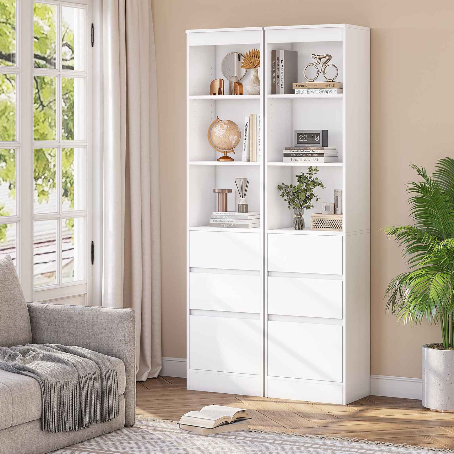 AOGLLATI Bücherregal Bücherschrank mit 3 Schubladen und 3 Fächern Büroregal mit verstellbaren Ablagen 180 cm Hochschrank