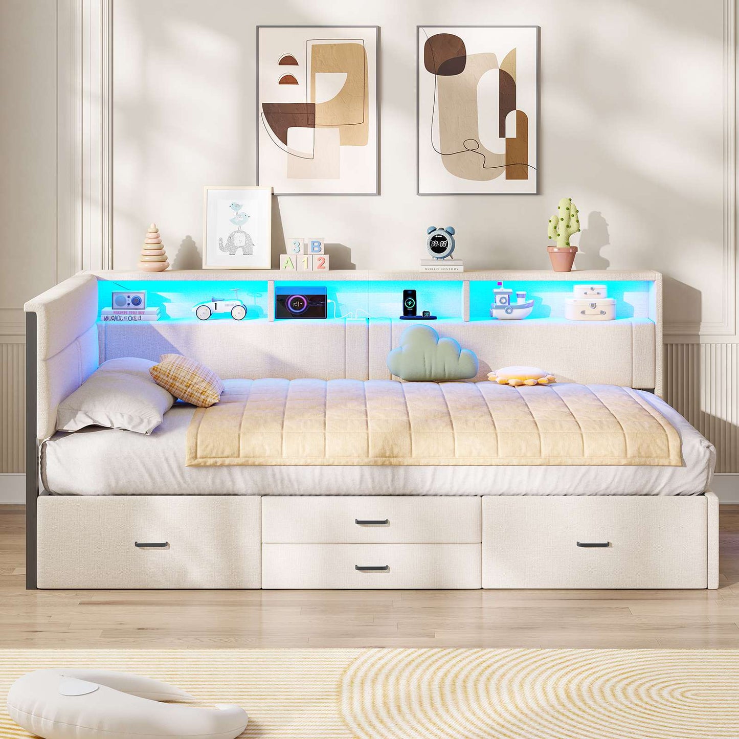 AOGLLATI Polsterbett Schlafsofa 90x200 Doppelbett mit LED-Beleuchtung & Ladestation Betten mit 4 Schubladen und Lattenrost aus Metall