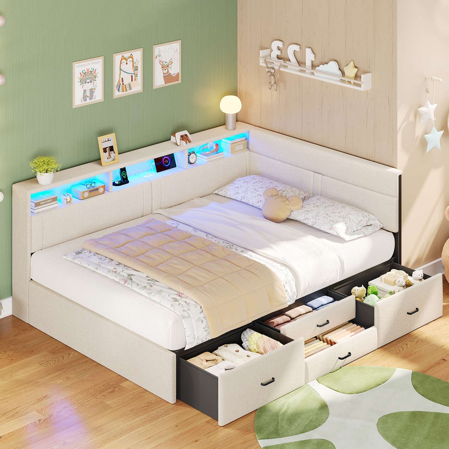 AOGLLATI Polsterbett Schlafsofa 140x200 Doppelbett mit LED-Beleuchtung & Ladestation Betten 140x200 mit 4 Schubladen und Lattenrost aus Metall
