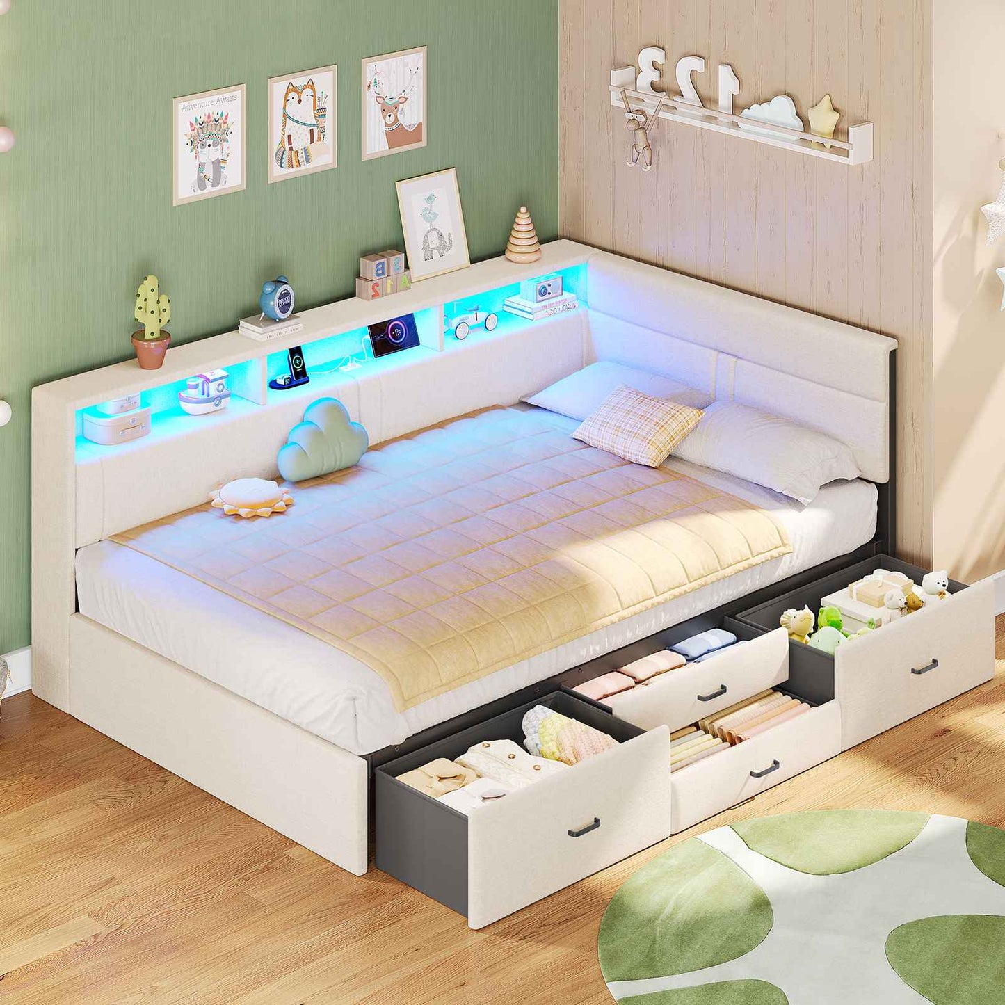 AOGLLATI Polsterbett Schlafsofa 90x200 Doppelbett mit LED-Beleuchtung & Ladestation Betten mit 4 Schubladen und Lattenrost aus Metall