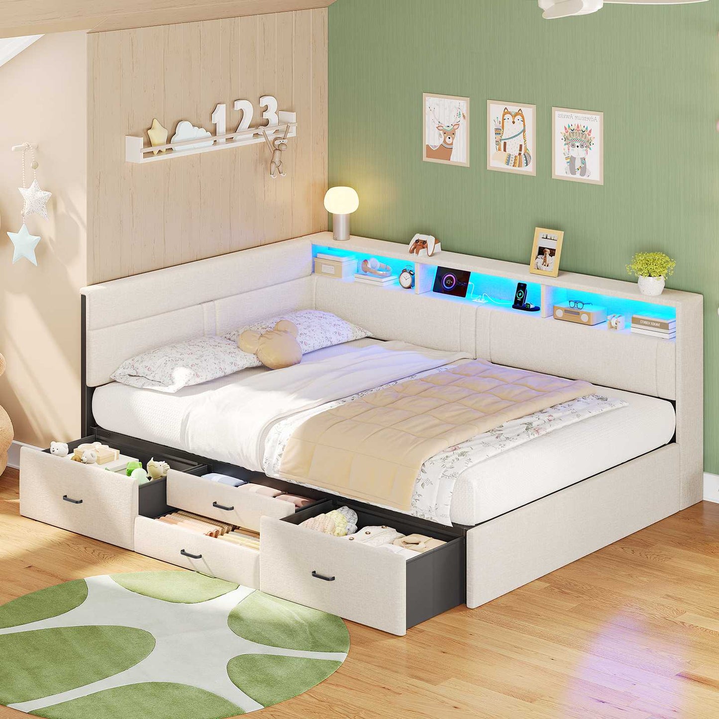 AOGLLATI Polsterbett Schlafsofa 140x200 Doppelbett mit LED-Beleuchtung & Ladestation Betten 140x200 mit 4 Schubladen und Lattenrost aus Metall