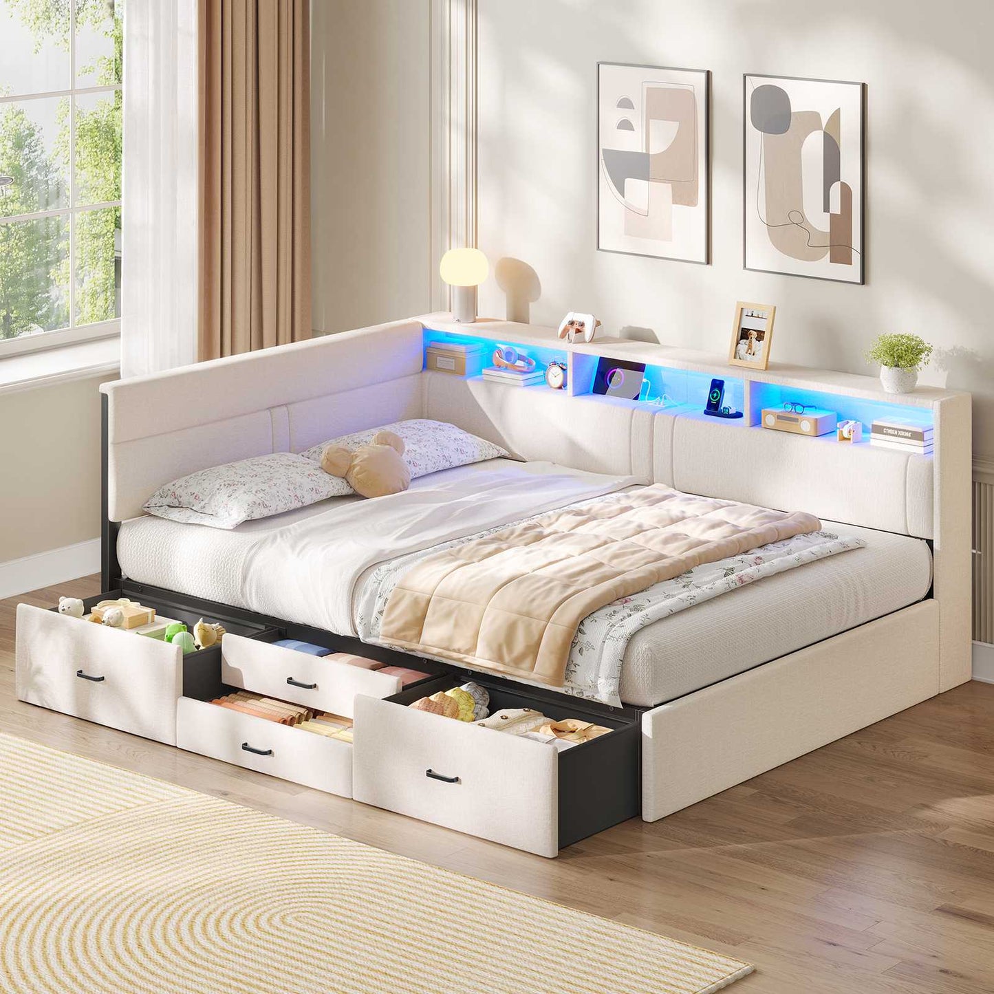 AOGLLATI Polsterbett Schlafsofa 140x200 Doppelbett mit LED-Beleuchtung & Ladestation Betten 140x200 mit 4 Schubladen und Lattenrost aus Metall