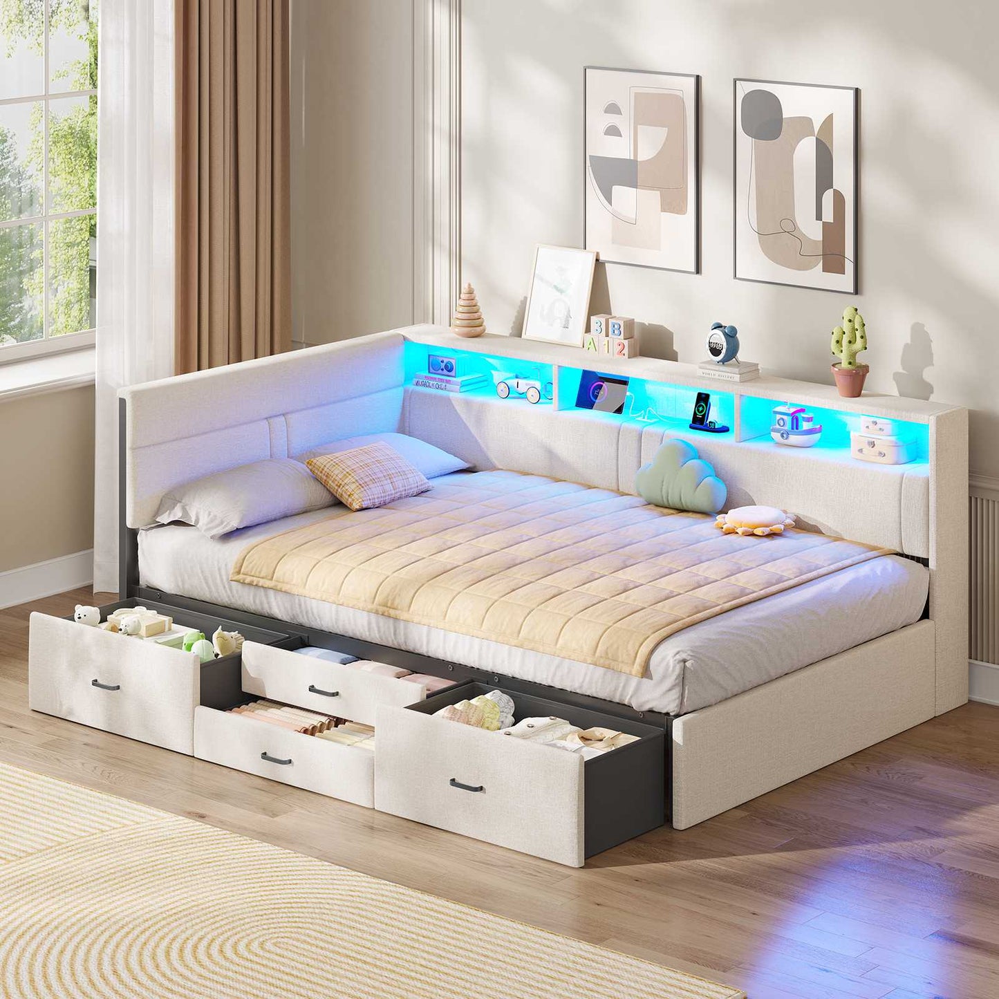 AOGLLATI Polsterbett Schlafsofa 90x200 Doppelbett mit LED-Beleuchtung & Ladestation Betten mit 4 Schubladen und Lattenrost aus Metall