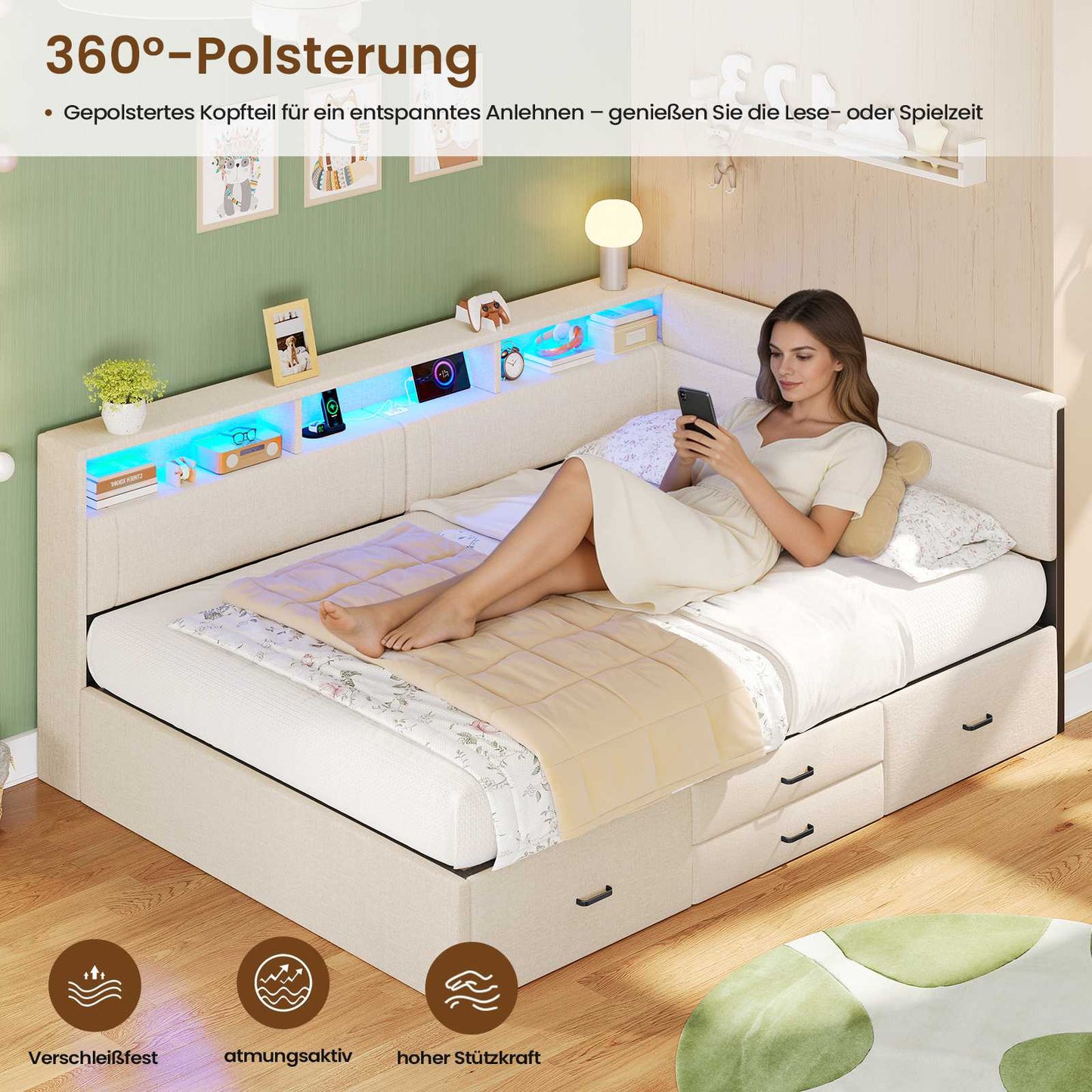 AOGLLATI Polsterbett Schlafsofa 140x200 Doppelbett mit LED-Beleuchtung & Ladestation Betten 140x200 mit 4 Schubladen und Lattenrost aus Metall