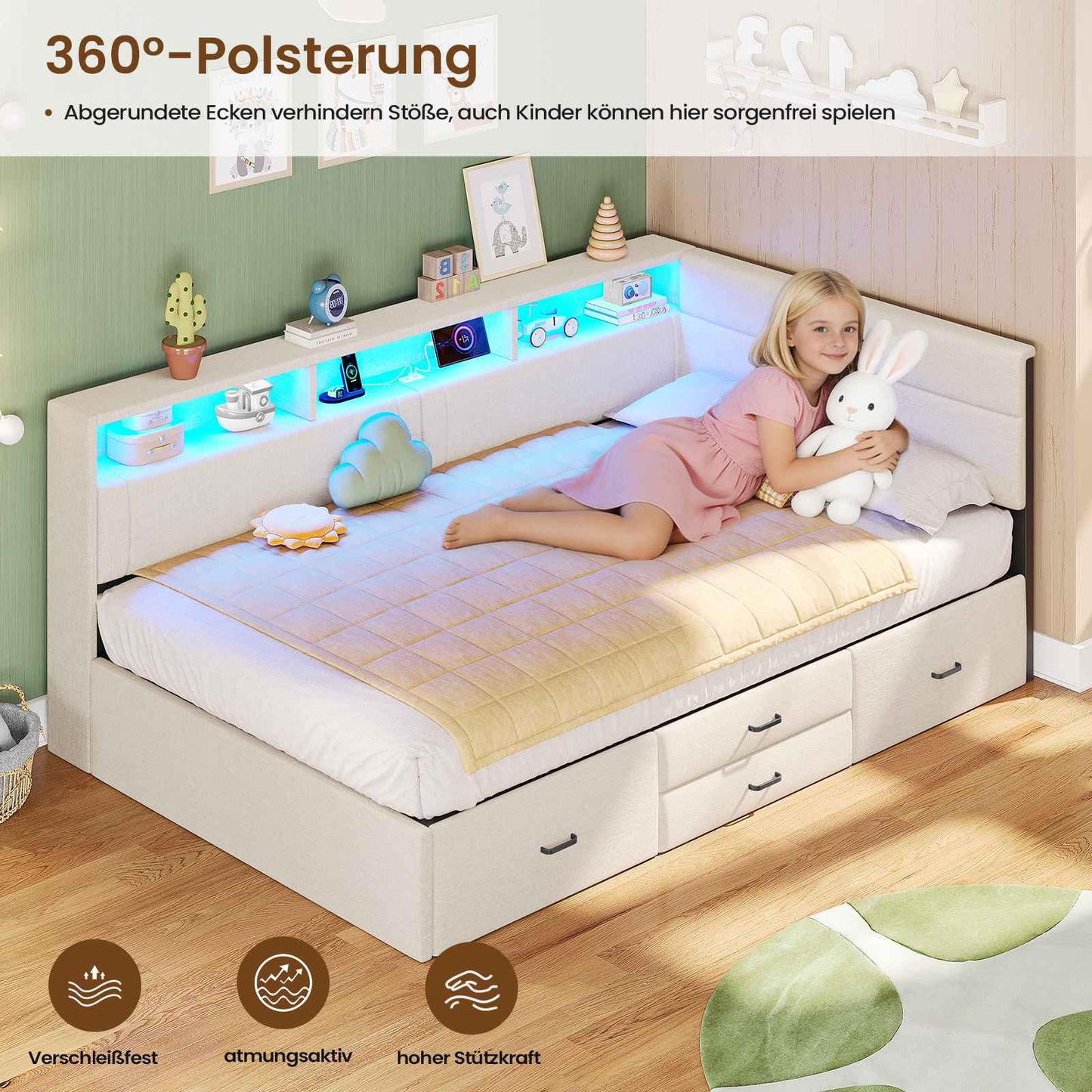 AOGLLATI Polsterbett Schlafsofa 90x200 Doppelbett mit LED-Beleuchtung & Ladestation Betten mit 4 Schubladen und Lattenrost aus Metall