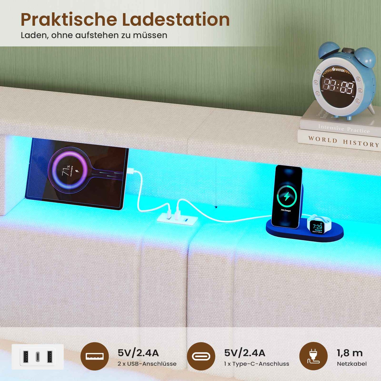 AOGLLATI Polsterbett Schlafsofa 140x200 Doppelbett mit LED-Beleuchtung & Ladestation Betten 140x200 mit 4 Schubladen und Lattenrost aus Metall