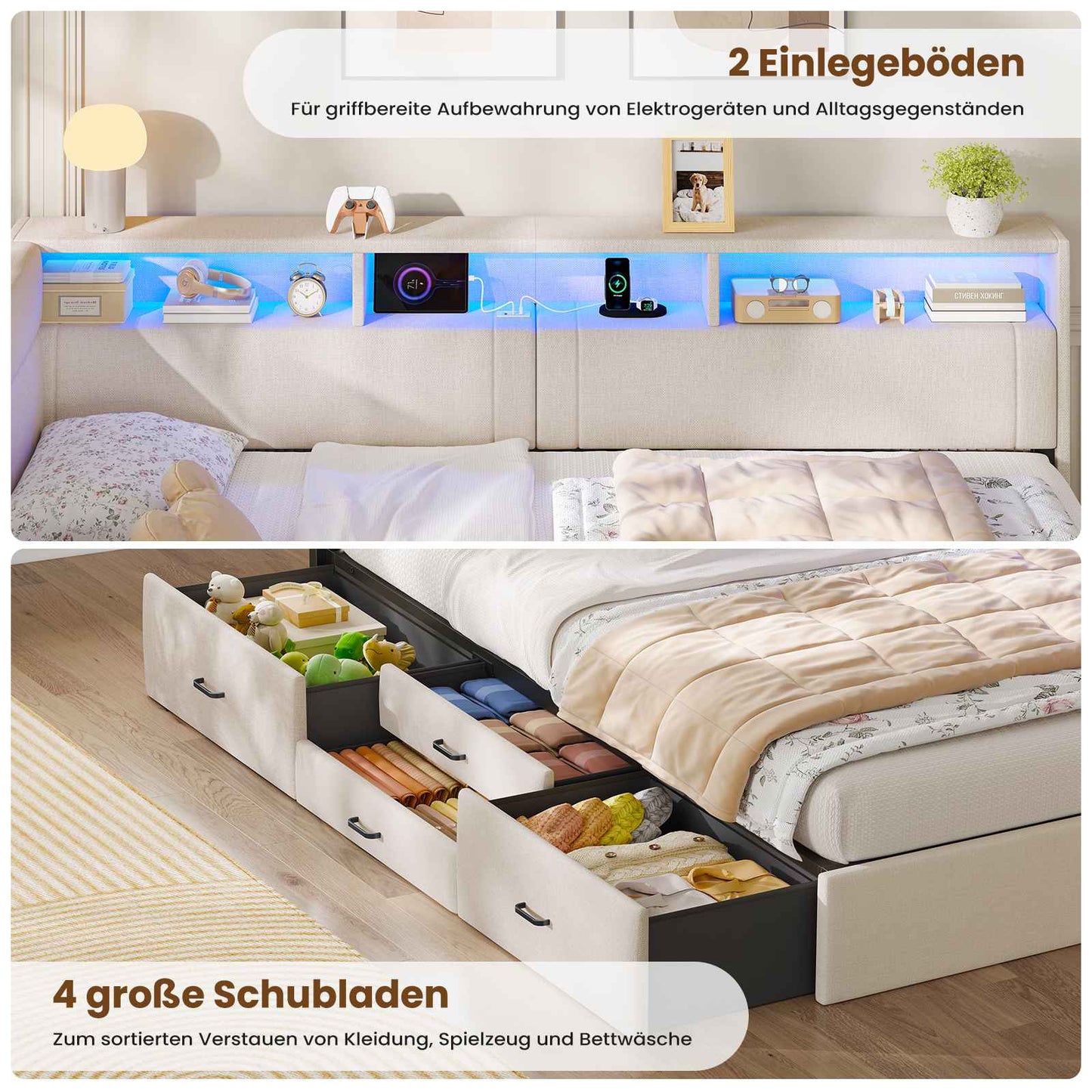 AOGLLATI Polsterbett Schlafsofa 140x200 Doppelbett mit LED-Beleuchtung & Ladestation Betten 140x200 mit 4 Schubladen und Lattenrost aus Metall