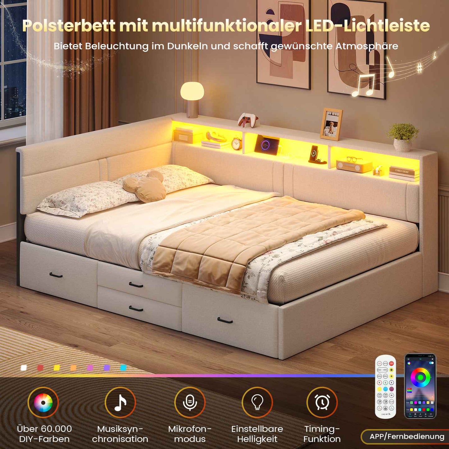 AOGLLATI Polsterbett Schlafsofa 140x200 Doppelbett mit LED-Beleuchtung & Ladestation Betten 140x200 mit 4 Schubladen und Lattenrost aus Metall