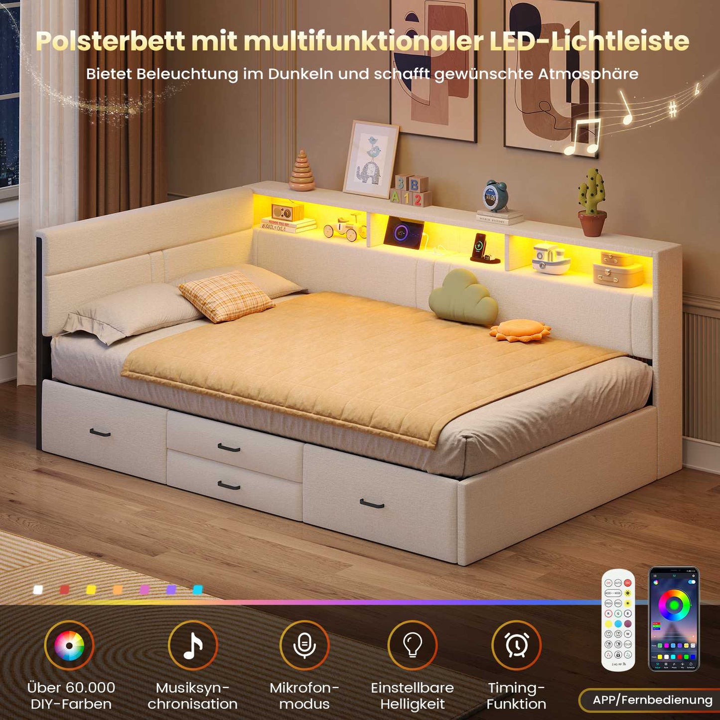 AOGLLATI Polsterbett Schlafsofa 90x200 Doppelbett mit LED-Beleuchtung & Ladestation Betten mit 4 Schubladen und Lattenrost aus Metall
