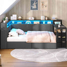 AOGLLATI Polsterbett 140x200 mit LED-Beleuchtung Ladestation Jugendbett mit Gepolstertem Kopfteil 2 Schubladen & 6 Staufächern