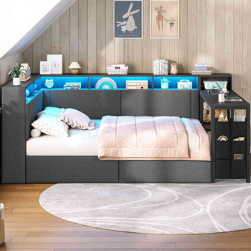 AOGLLATI Polsterbett 140x200 mit LED-Beleuchtung Ladestation Jugendbett mit Gepolstertem Kopfteil 2 Schubladen & 6 Staufächern