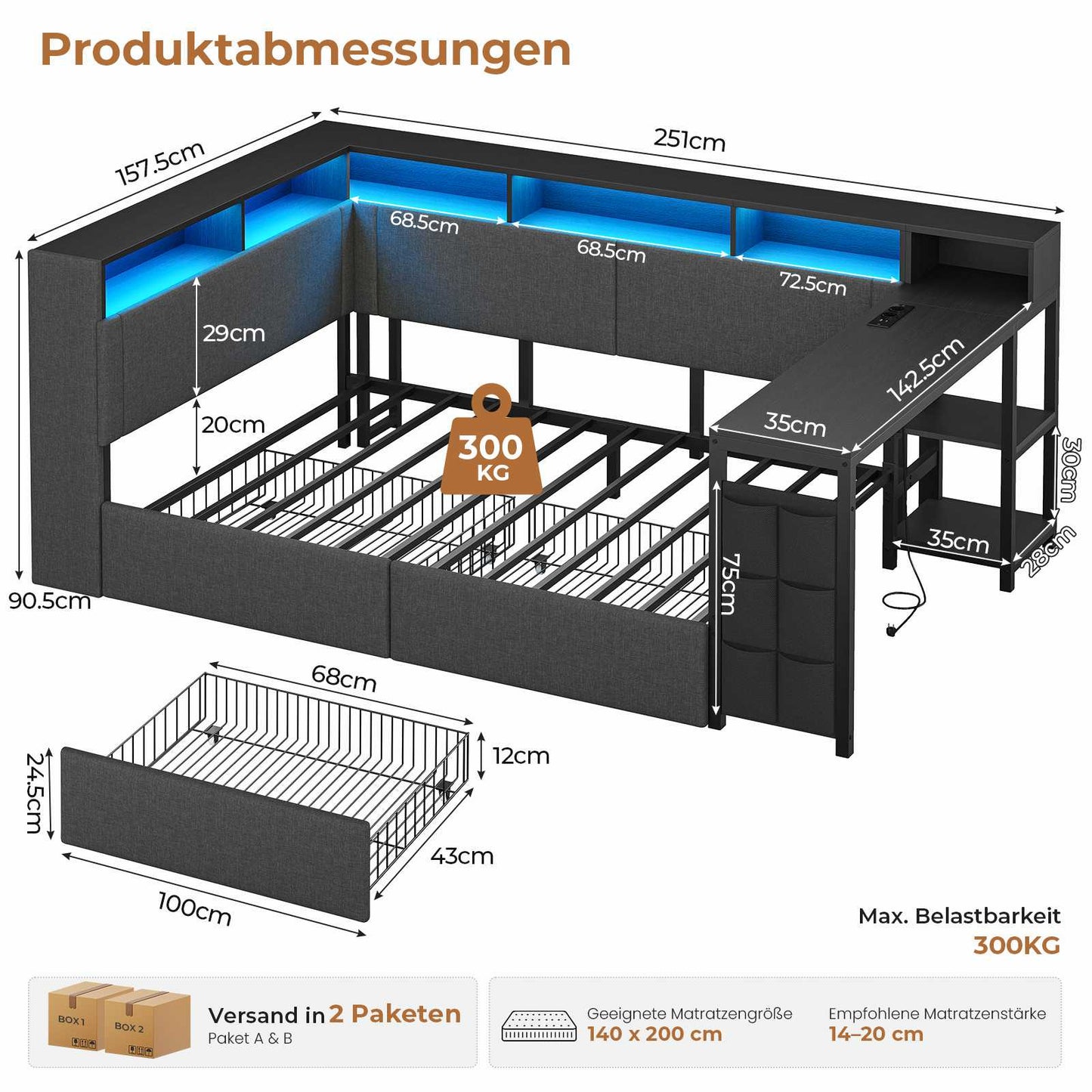 AOGLLATI Polsterbett 140x200 mit LED-Beleuchtung Ladestation Jugendbett mit Gepolstertem Kopfteil 2 Schubladen & 6 Staufächern