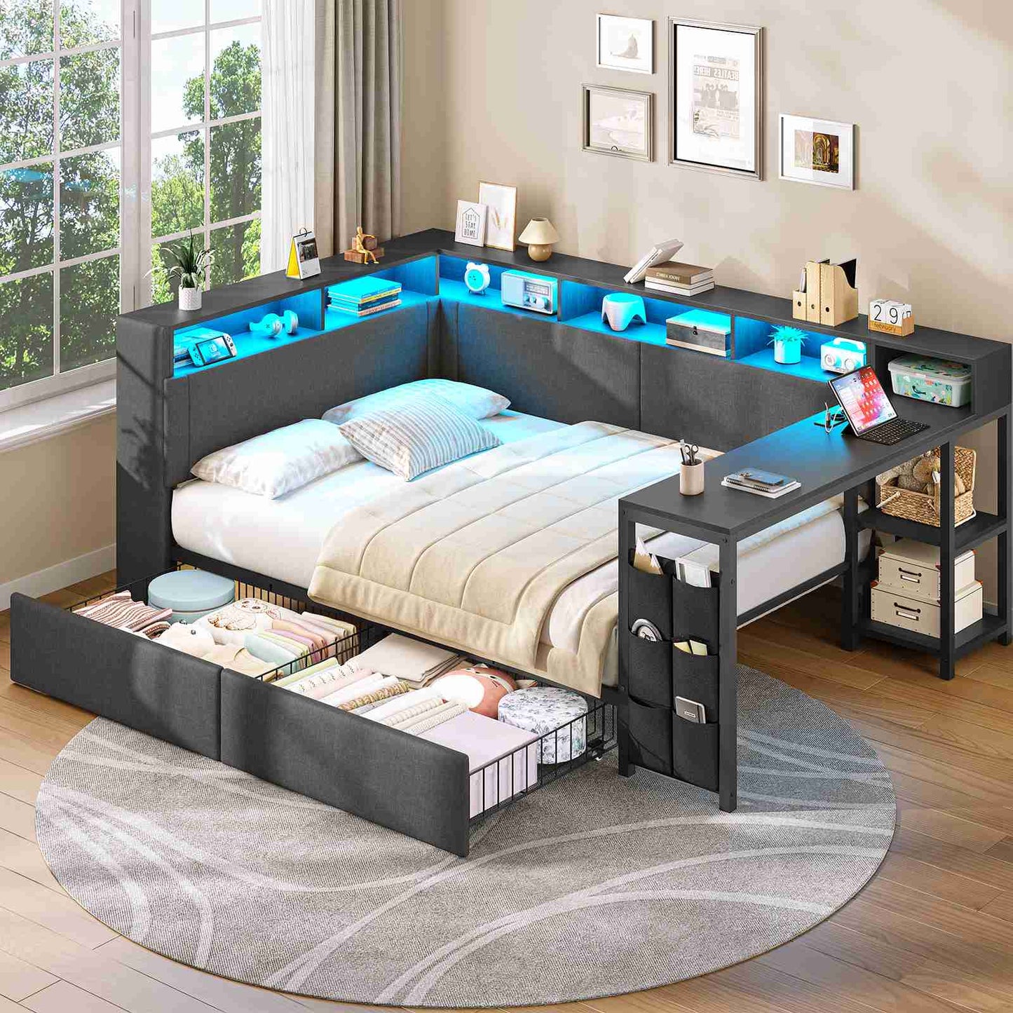 AOGLLATI Polsterbett 140x200 mit LED-Beleuchtung Ladestation Jugendbett mit Gepolstertem Kopfteil 2 Schubladen & 6 Staufächern