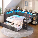 AOGLLATI Polsterbett 140x200 mit LED-Beleuchtung Ladestation Jugendbett mit Gepolstertem Kopfteil 2 Schubladen & 6 Staufächern