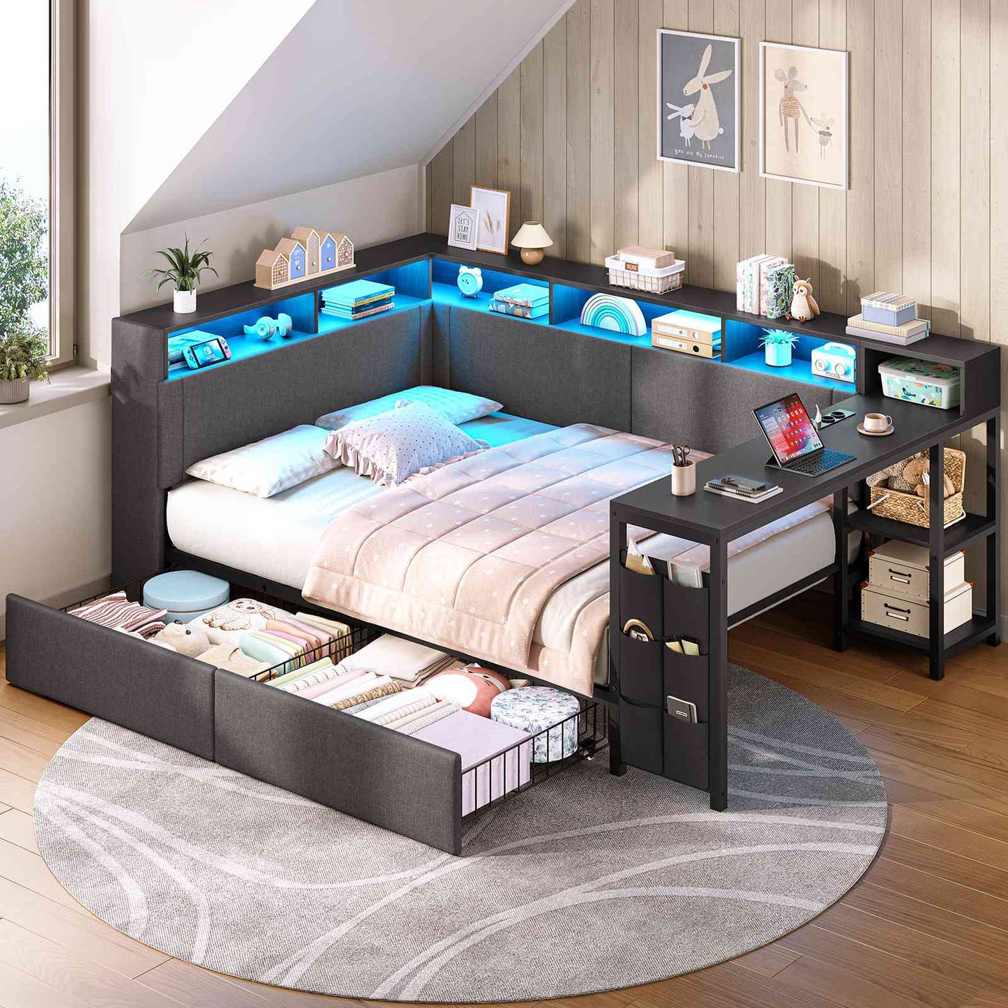 AOGLLATI Polsterbett 140x200 mit LED-Beleuchtung Ladestation Jugendbett mit Gepolstertem Kopfteil 2 Schubladen & 6 Staufächern