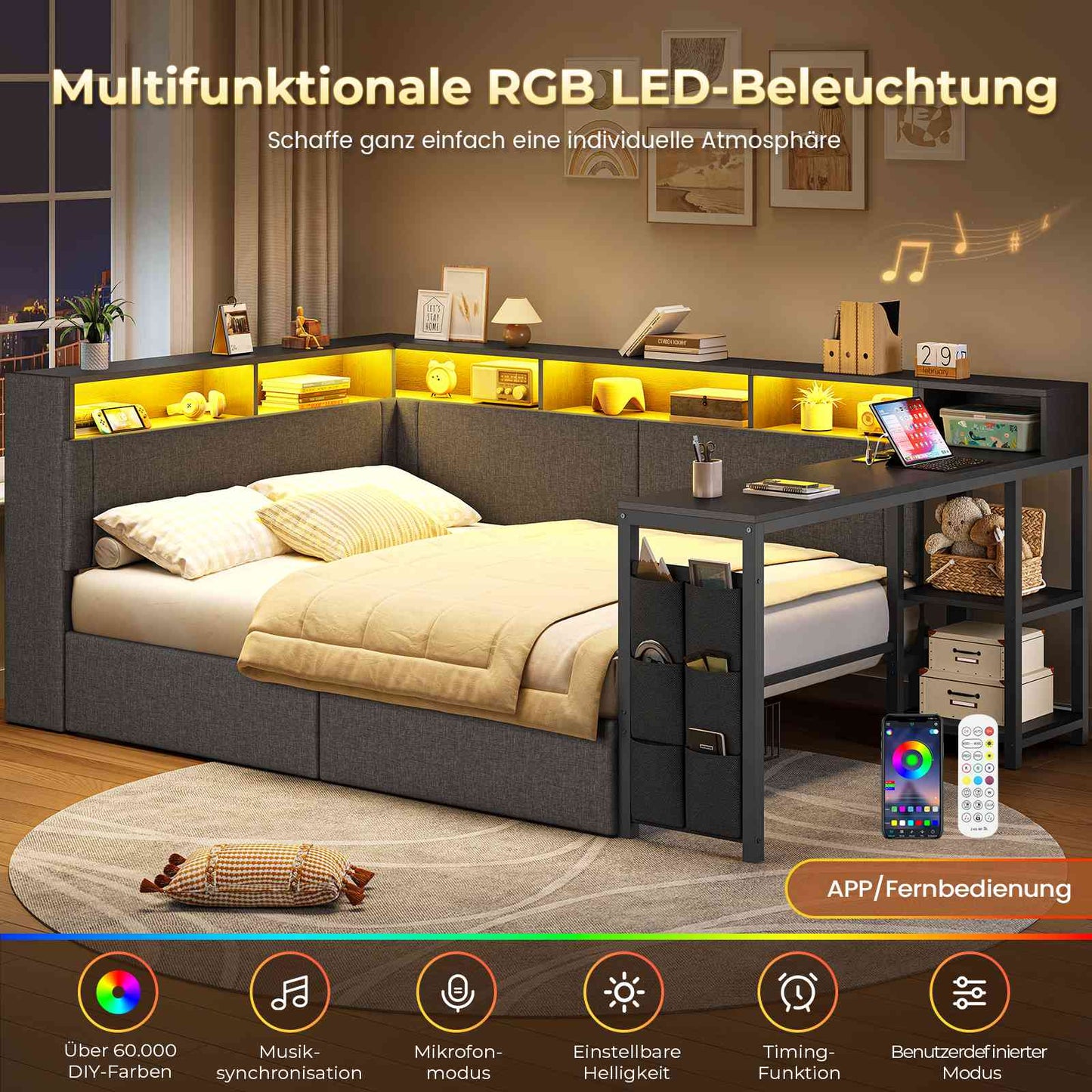 AOGLLATI Polsterbett 140x200 mit LED-Beleuchtung Ladestation Jugendbett mit Gepolstertem Kopfteil 2 Schubladen & 6 Staufächern