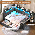 AOGLLATI Polsterbett 140x200 mit LED-Beleuchtung Ladestation Jugendbett mit Gepolstertem Kopfteil 2 Schubladen & 6 Staufächern