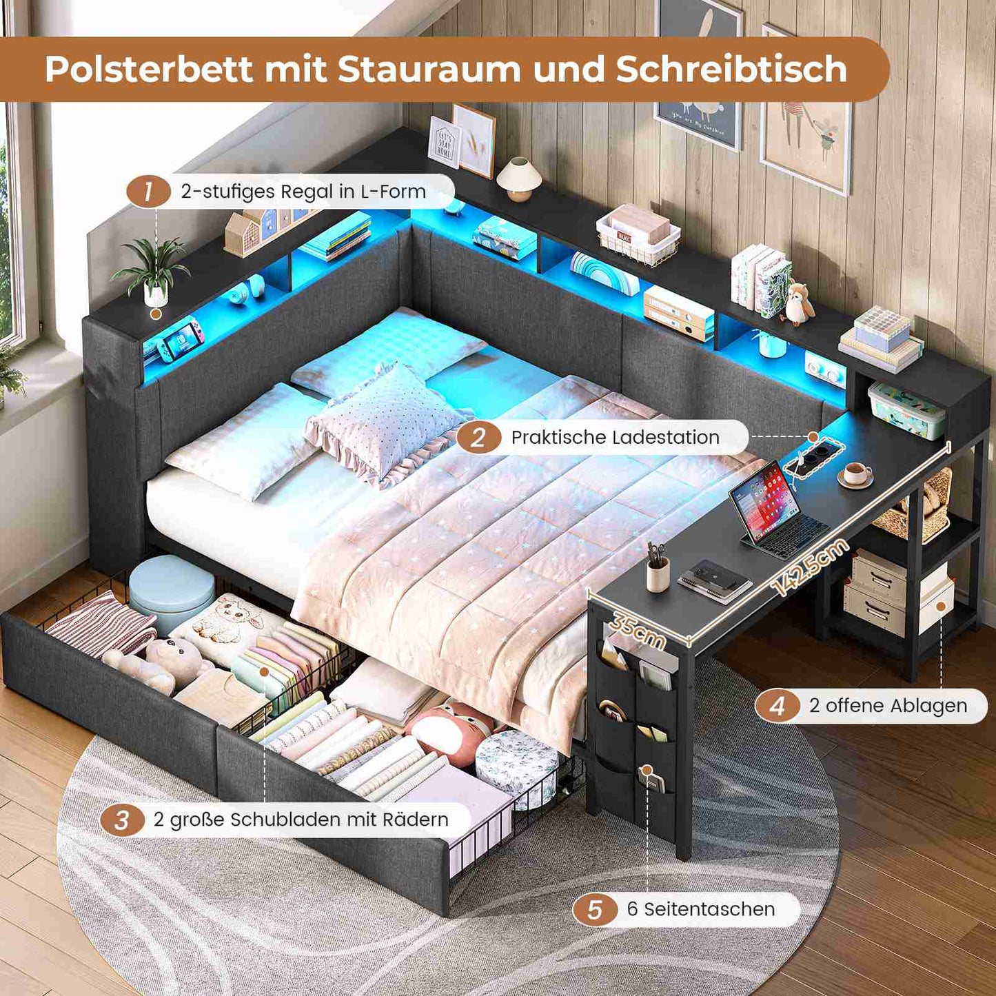 AOGLLATI Polsterbett 140x200 mit LED-Beleuchtung Ladestation Jugendbett mit Gepolstertem Kopfteil 2 Schubladen & 6 Staufächern