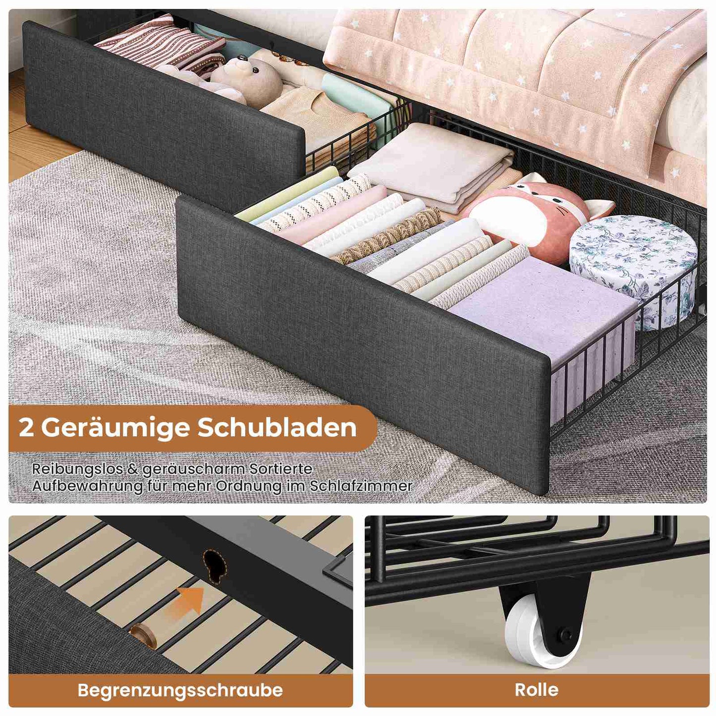 AOGLLATI Polsterbett 140x200 mit LED-Beleuchtung Ladestation Jugendbett mit Gepolstertem Kopfteil 2 Schubladen & 6 Staufächern