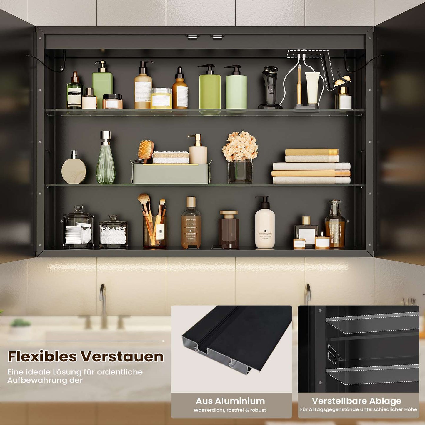 AOGLLATI Spiegelschrank Bad aus Metall mit Beleuchtung Kein Aufbau Nötig Badezimmerschrank mit USB Anti-Fog 3 Farbtemperatur Dimmbare