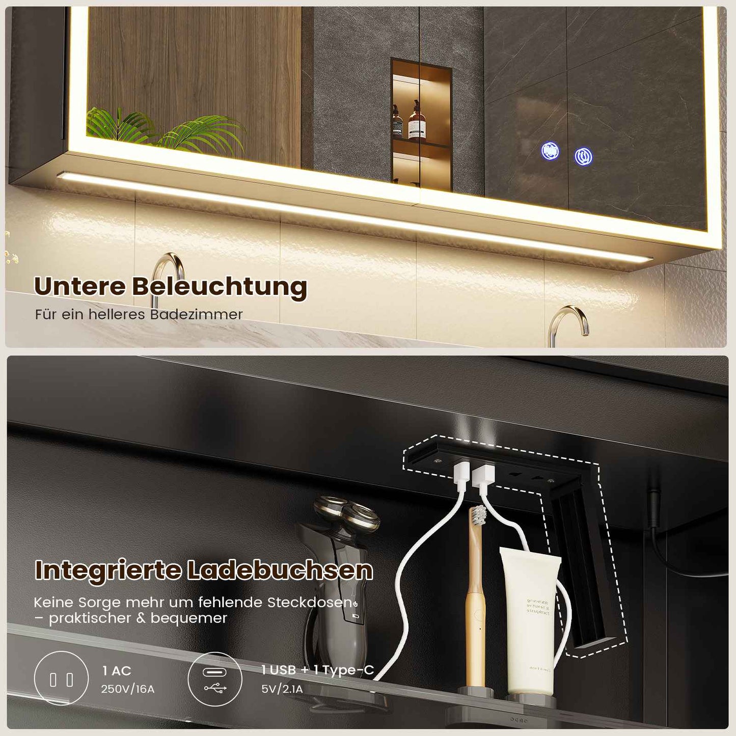 AOGLLATI Spiegelschrank Bad aus Metall mit Beleuchtung Kein Aufbau Nötig Badezimmerschrank mit USB Anti-Fog 3 Farbtemperatur Dimmbare