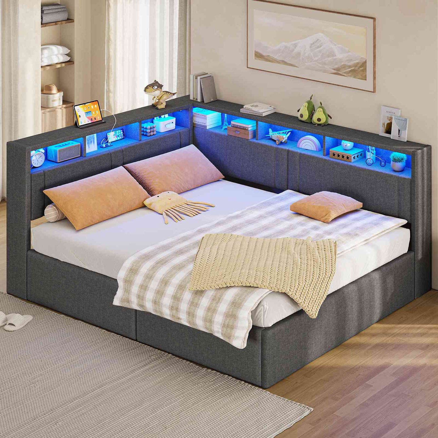 AOGLLATI Polsterbett Schlafsofa 140x200 mit Hydraulis LED-Beleuchtung & USB Doppelbett mit 6 Staufächern & Gepolstertem LED-Kopfteil