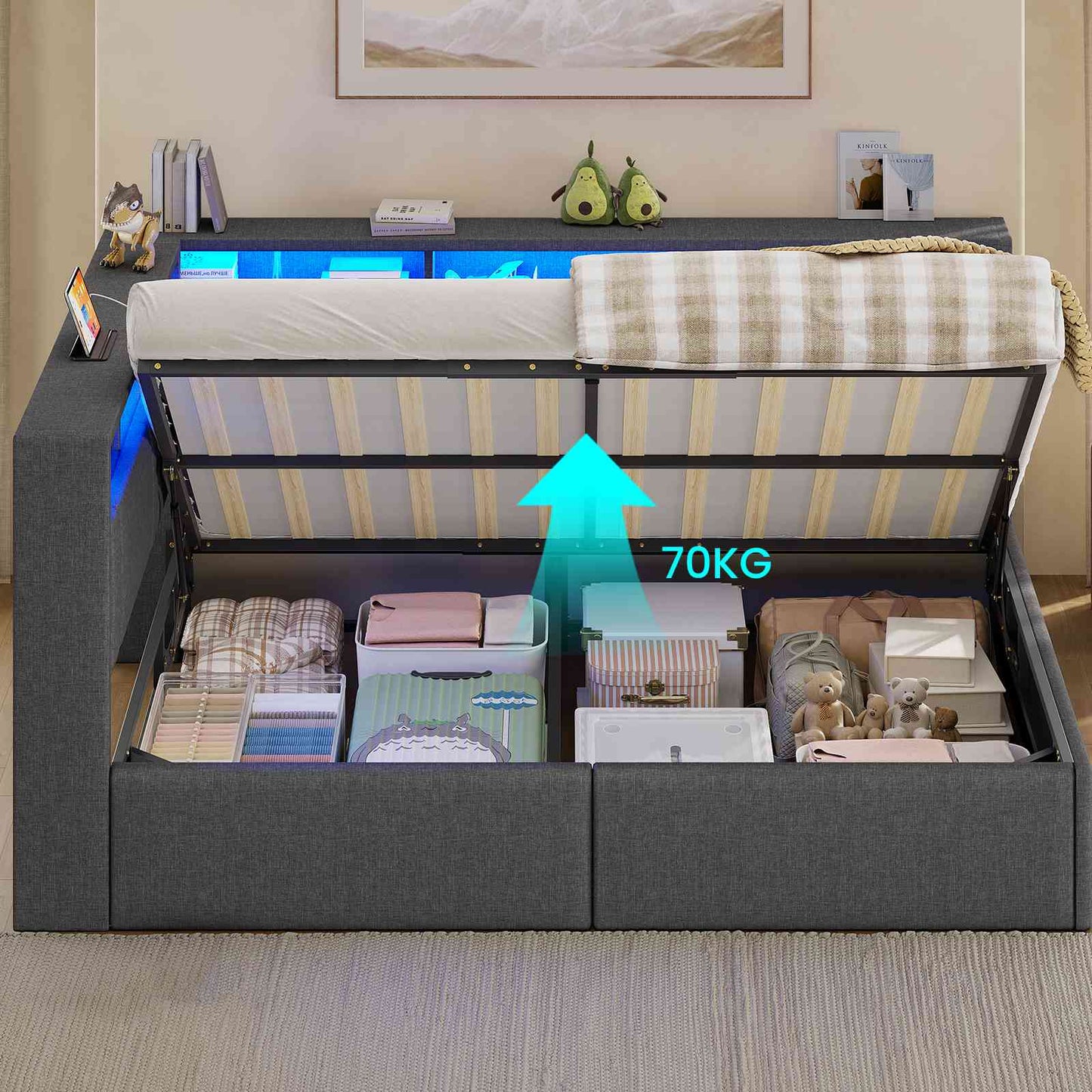 AOGLLATI Polsterbett Schlafsofa 140x200 mit Hydraulis LED-Beleuchtung & USB Doppelbett mit 6 Staufächern & Gepolstertem LED-Kopfteil