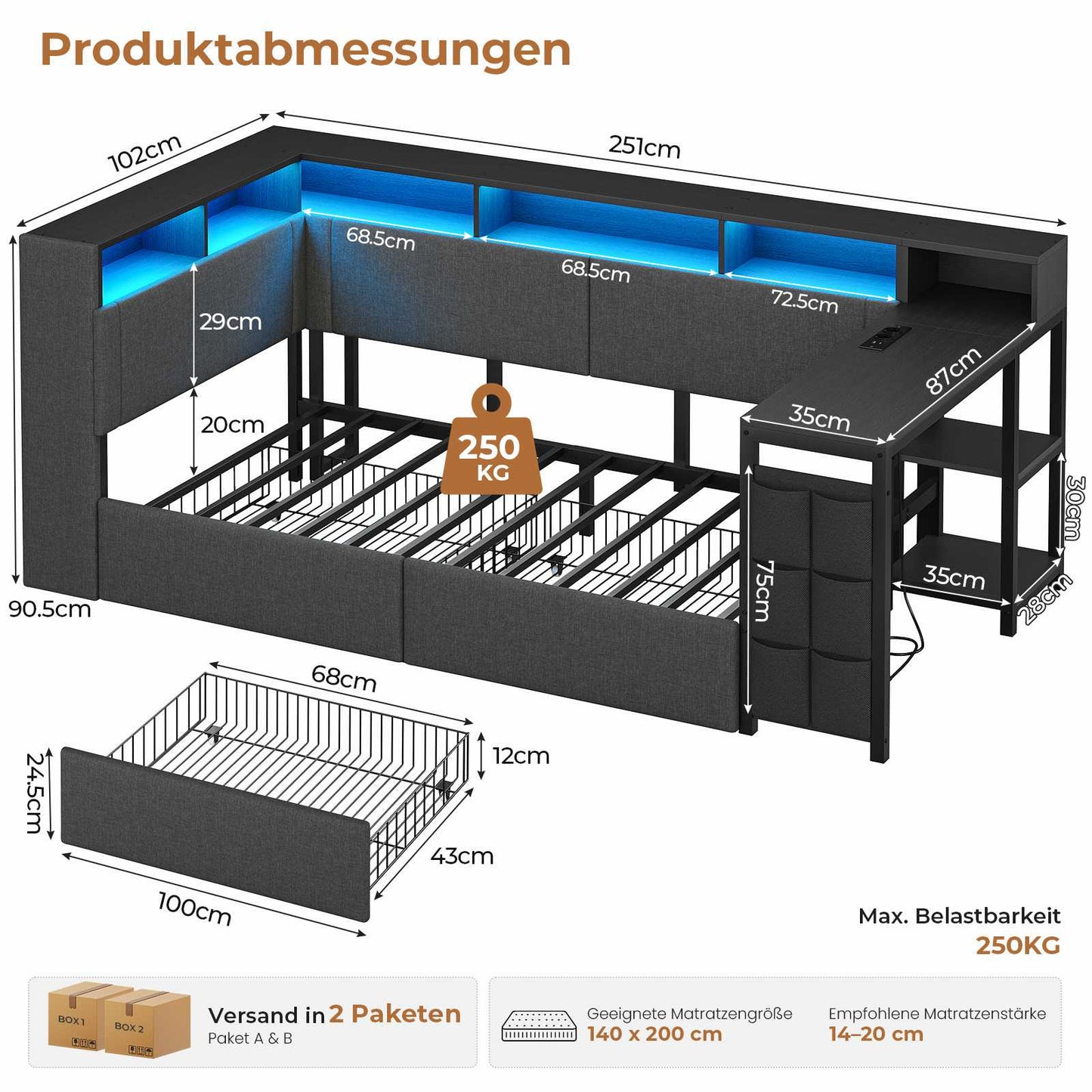 AOGLLATI Polsterbett 90x200 mit LED-Beleuchtung Ladestation & Schreibtisch Tagesbett Jugendbett mit Gepolstertem Kopfteil 2 Schubladen & 6 Staufächern