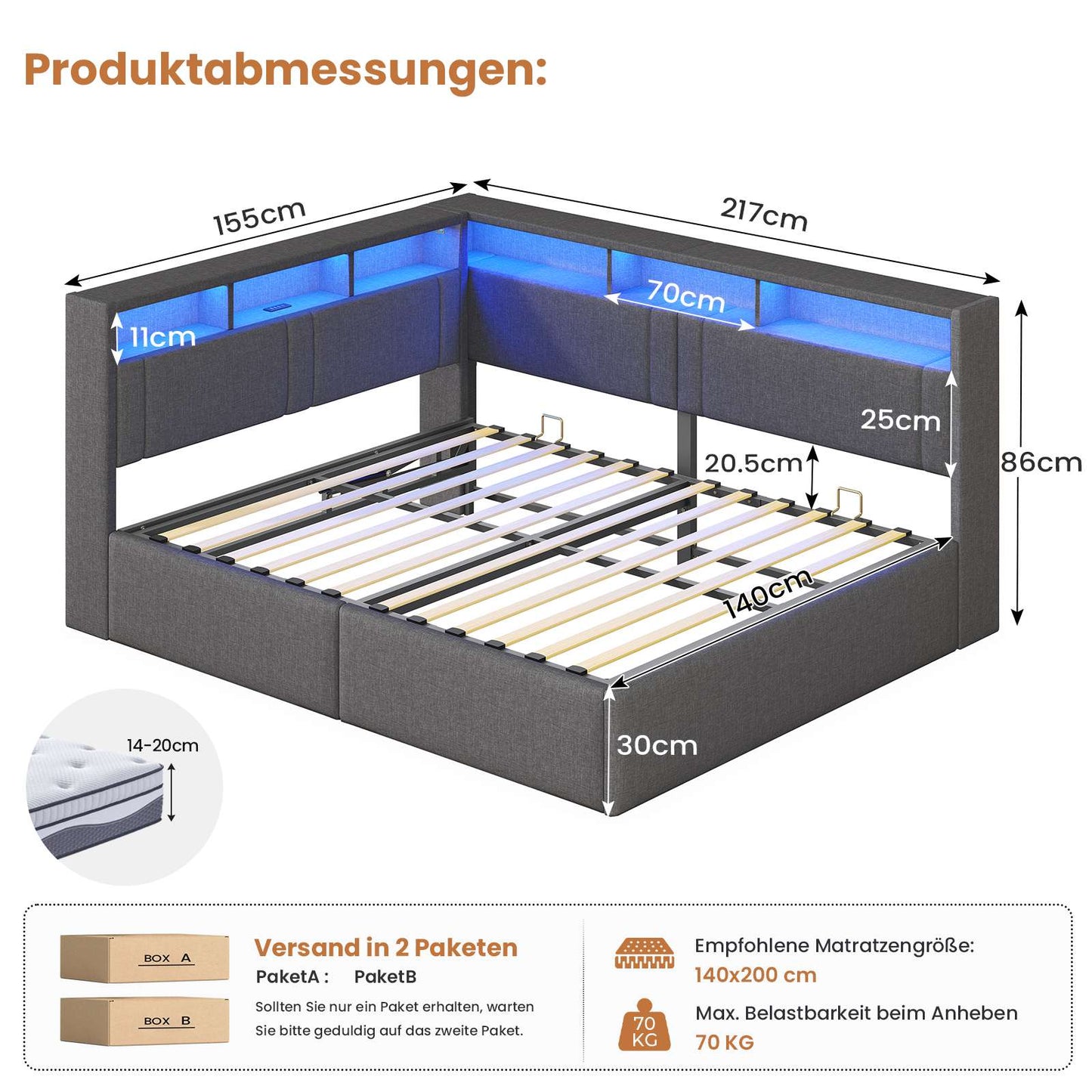 AOGLLATI Polsterbett Schlafsofa 140x200 mit Hydraulis LED-Beleuchtung & USB Doppelbett mit 6 Staufächern & Gepolstertem LED-Kopfteil
