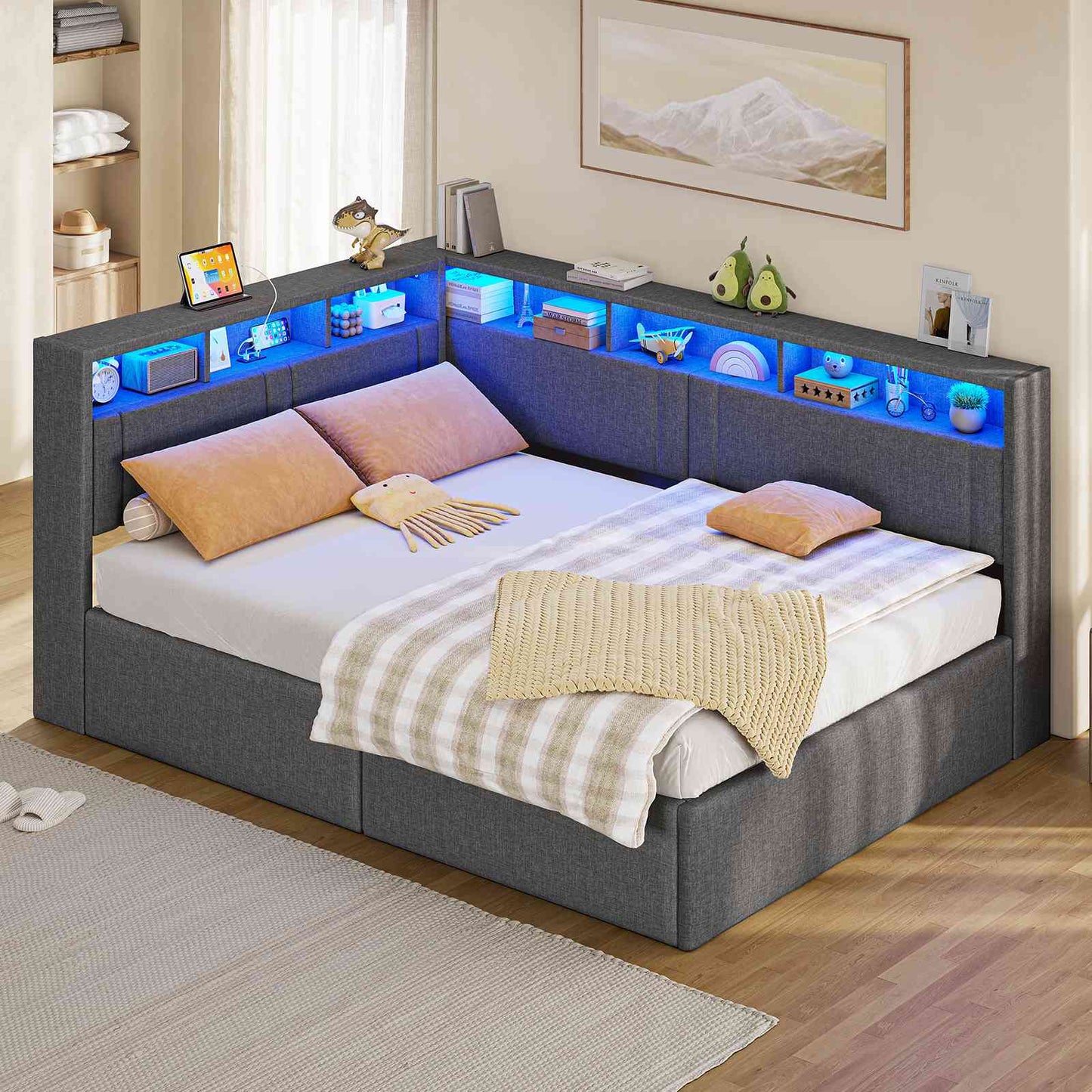 AOGLLATI Polsterbett Schlafsofa 90x200 mit Hydraulis LED-Beleuchtung & USB Kinderbett mit 5 Staufächern & Gepolstertem LED-Kopfteil