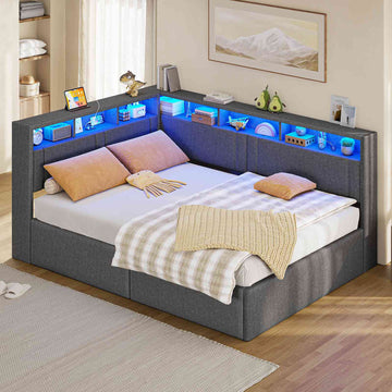 AOGLLATI Polsterbett Schlafsofa 90x200 mit Hydraulis LED-Beleuchtung & USB Kinderbett mit 5 Staufächern & Gepolstertem LED-Kopfteil